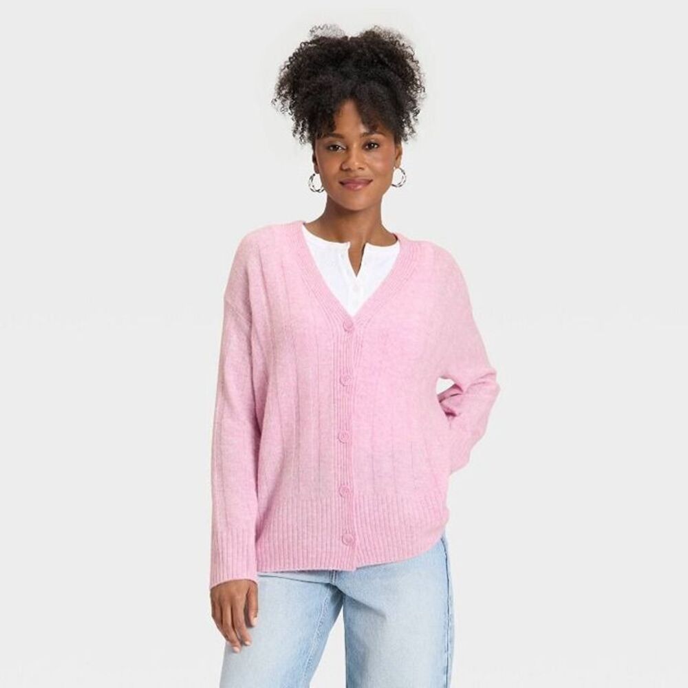 Women's V-Neck Knit Ribbed Cardigan Sweater - Universal Thread Pink XS